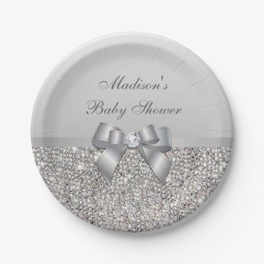 Persoonlijk Faux Silver Sequins Bow-Baby shower Papieren Bordje (Voorkant)