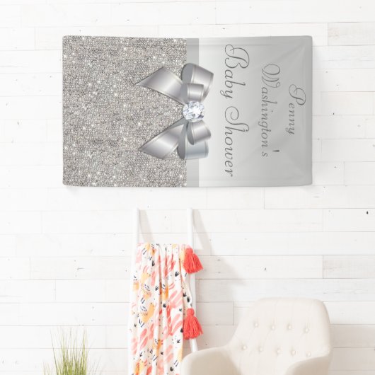 Persoonlijk Faux Silver Sequins Bow-Baby shower Spandoek (Insitu)