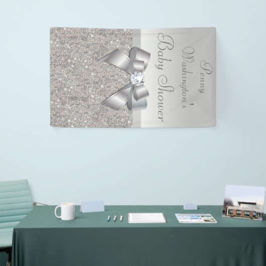 Persoonlijk Faux Silver Sequins Bow-Baby shower Spandoek (Beurs)