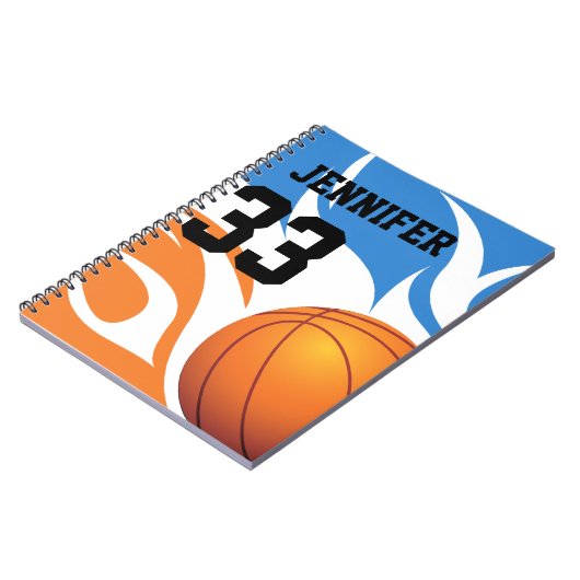 Persoonlijk Flaming Basketball Blue en Oranje Notitieboek (Linkerzijde)
