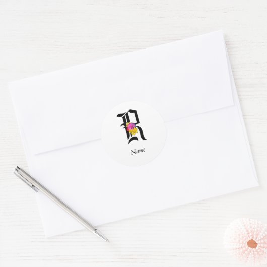 Persoonlijk Florale Monogram R + Naam Envelope Zeg Ronde Sticker (Envelop)