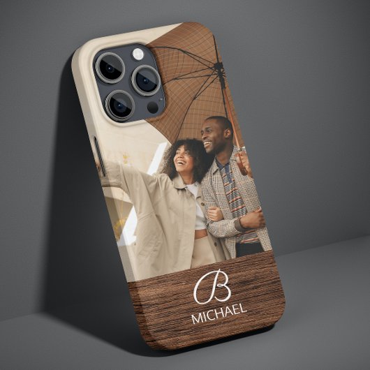 Persoonlijk foto-monogram warm bruin houtstructuur Case-Mate iPhone case