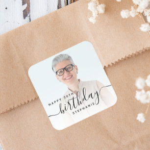 Persoonlijk Foto Zwarte Script 50ste Verjaardag Vierkante Sticker