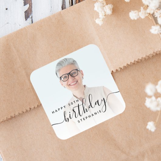 Persoonlijk Foto Zwarte Script 50ste Verjaardag Vierkante Sticker