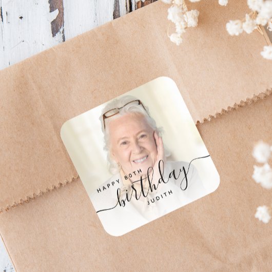 Persoonlijk Foto Zwarte Script 80e Verjaardag Vierkante Sticker