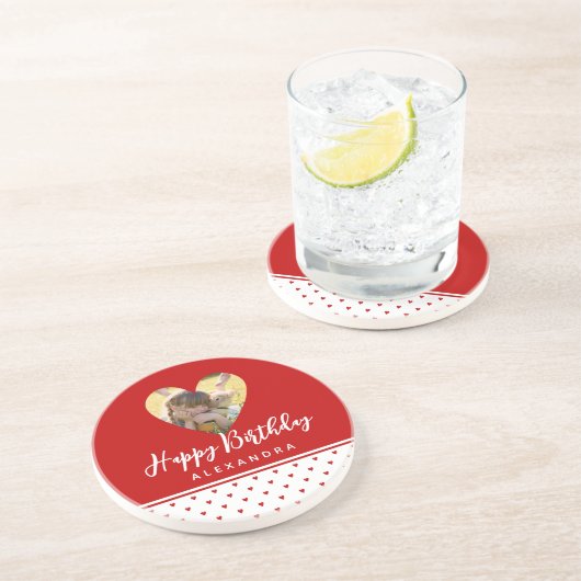 Persoonlijk fotoroze hartframe moderne verjaardag zandsteen onderzetter (Zijkant)