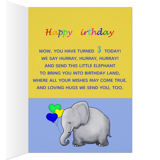 Persoonlijk Fun Baby Elephant 3rd Birthday Poem (Binnen (Rechts))