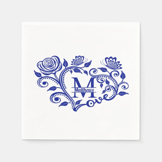 Persoonlijk Geblauwde Bloemige Monogram M Servet (Voorkant)