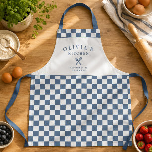 Persoonlijk geblokt keuken naam blauw schort