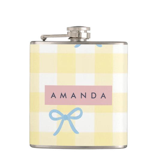 Persoonlijk Geel Gingham en Blauwe Strik Pastel Heupfles (Voorkant)