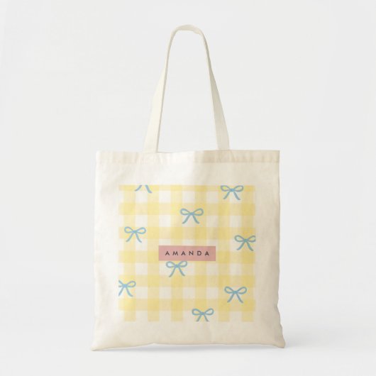 Persoonlijk Geel Gingham en Blauwe Strik Pastel Tote Bag (Voorkant)