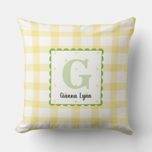 Persoonlijk Geel Gingham Monogram Babykamer Kussen (Voorkant)