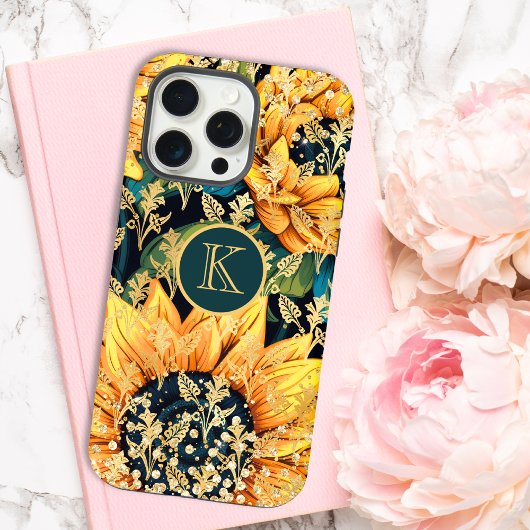Persoonlijk Geglitterd Modern Zonnebloem Monogram iPhone Hoesje