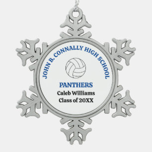 Persoonlijk gegraveerd blauwe high school volleyba tin sneeuwvlok ornament