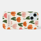 Persoonlijk gegraveerd leuk lentetulp-patroon iPhone 15 case (Achterkant horizontaal)