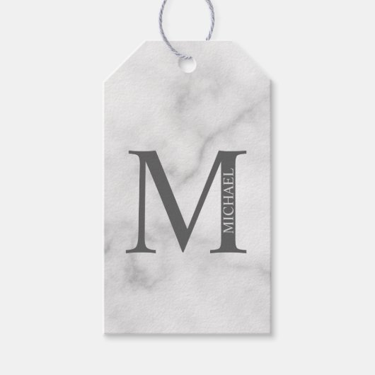 Persoonlijk gegraveerd monogram en naam in wit mar cadeaulabel (Voorkant)