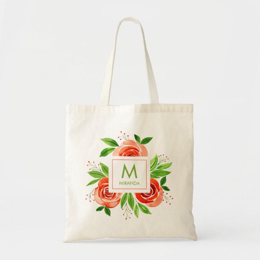 Persoonlijk Gegraveerd Perzik Waterkleur Bloemmoti Tote Bag (Voorkant)