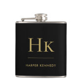Persoonlijk gegraveerd zwart goud monogram heupfles (Voorkant)