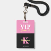 Persoonlijk Gegraveerd Zwart Modern Zoet 16 VIP Badge (Achterkant met lanyard)