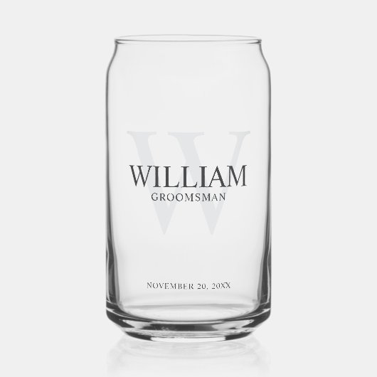 Persoonlijk gegraveerde bruidsjonker monogram & na blikvorm glas (Voorkant)