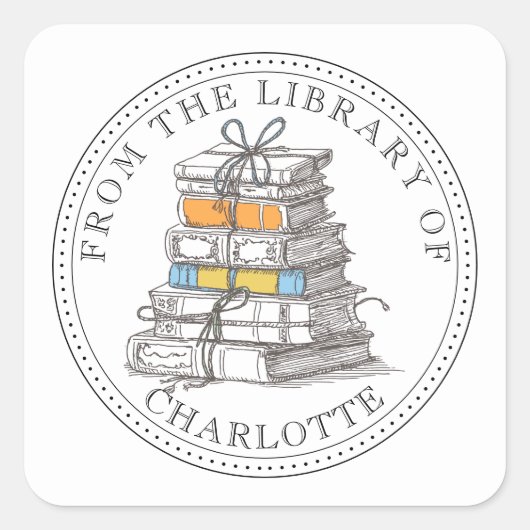 Persoonlijk geïllustreerd boekenbundel-exlibris vierkante sticker (Voorkant)