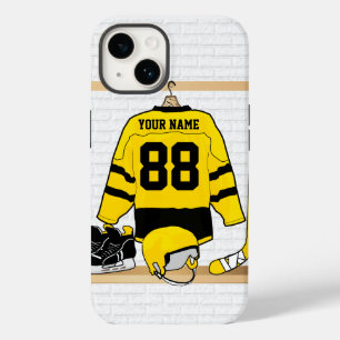 Persoonlijk gele en zwarte ijshockeyshirt iPhone 14 hoesje