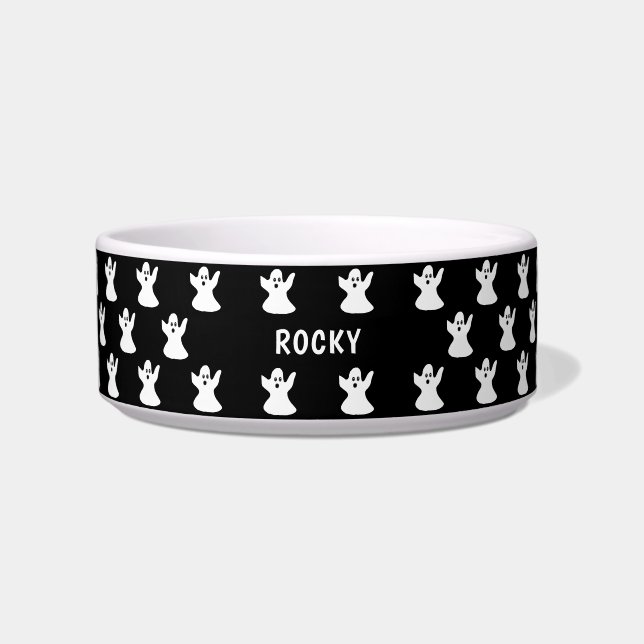 Persoonlijk geluid zwart en wit Ghost Halloween Voerbakje (Voorkant)