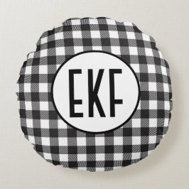 Persoonlijk gemerkte zwart-wit geruite monogram rond kussen
