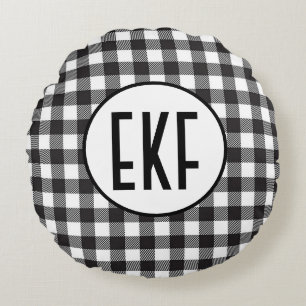 Persoonlijk gemerkte zwart-wit geruite monogram rond kussen