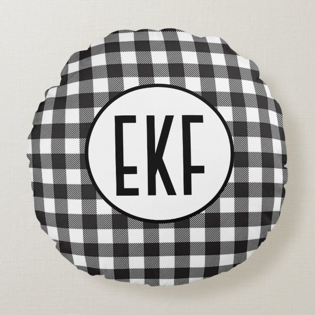 Persoonlijk gemerkte zwart-wit geruite monogram rond kussen (Voorkant)