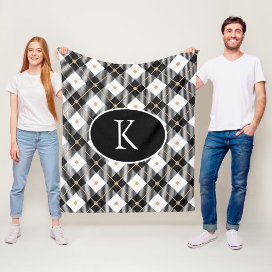 Persoonlijk gemerkte zwart-wit-gouden geruite fl fleece deken (In situ)