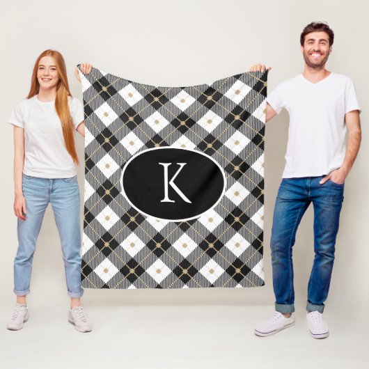 Persoonlijk gemerkte zwart wit gouden ruit fleece deken (In situ)