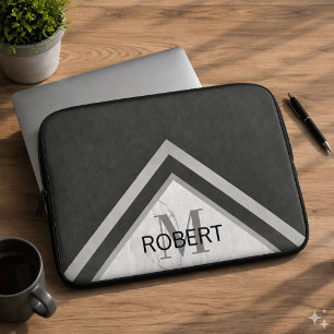 Persoonlijk geometrisch chevron zwart zilver marme laptop sleeve