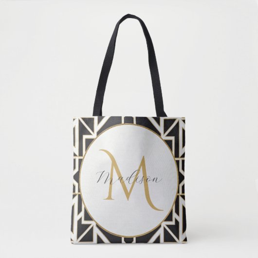 Persoonlijk geometrisch zwart wit goud monogram tote bag (Voorkant)
