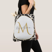 Persoonlijk geometrisch zwart wit goud monogram tote bag (Dichtbij)