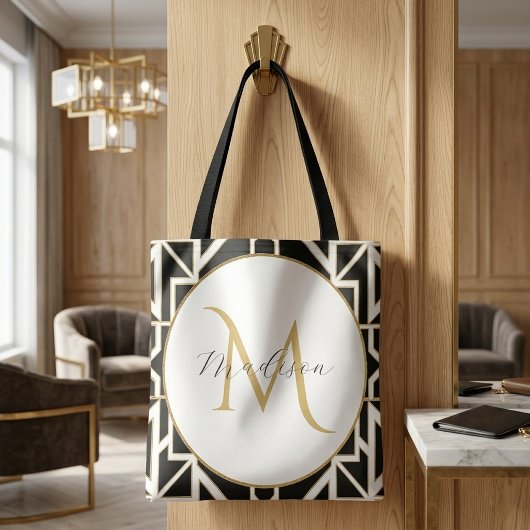 Persoonlijk geometrisch zwart wit goud monogram tote bag