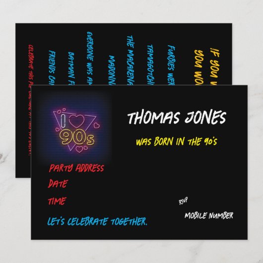 Persoonlijk georganiseerd 90's thema retro feest kaart (Voorkant / Achterkant)