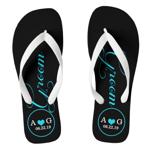 Persoonlijk getrimde bruidegom (blauw) teenslippers (Voetbed)