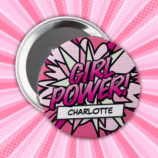 Persoonlijk GIRL POWER-stripboek Roze Ronde Button 4,0 Cm