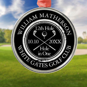 Persoonlijk Golf Hole in One Zwart en Wit Metalen Ornament