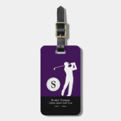 Persoonlijk golfermonogram paars bagagelabel (Voorkant verticaal)