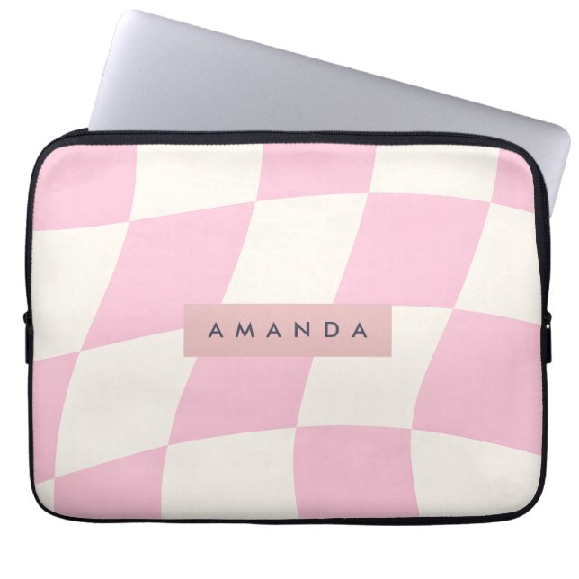 Persoonlijk Golvend Pastel Roze Geruit Laptop Sleeve (Voorkant)