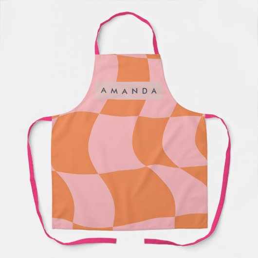 Persoonlijk Golvend Retro Oranje & Roze Geruit Schort (Voorkant)