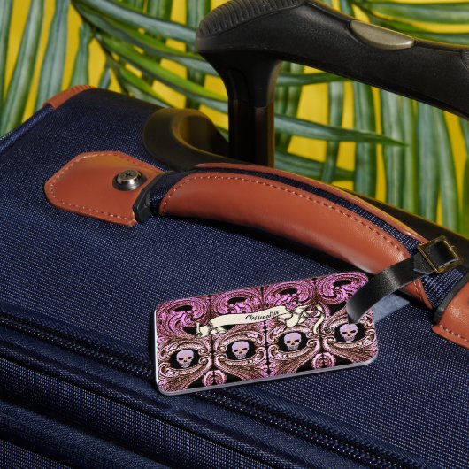 Persoonlijk goth-pink ornament & schedel bagagelabel (Achterkant Insitu 1)