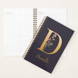 Persoonlijk gouden blauw elegant bloemig monogram planner