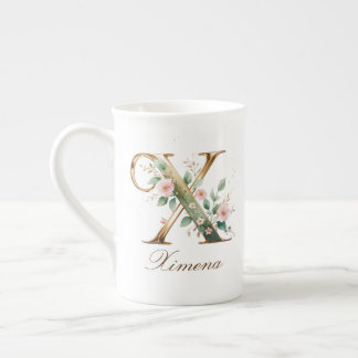 Persoonlijk gouden bloemenmonogram Initiaal X Porselein Kop