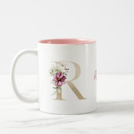 Persoonlijk gouden initiaal R met roze bloemen Tweekleurige Koffiemok