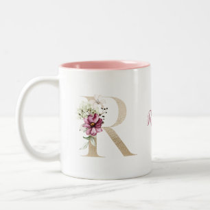Persoonlijk gouden initiaal R met roze bloemen Tweekleurige Koffiemok
