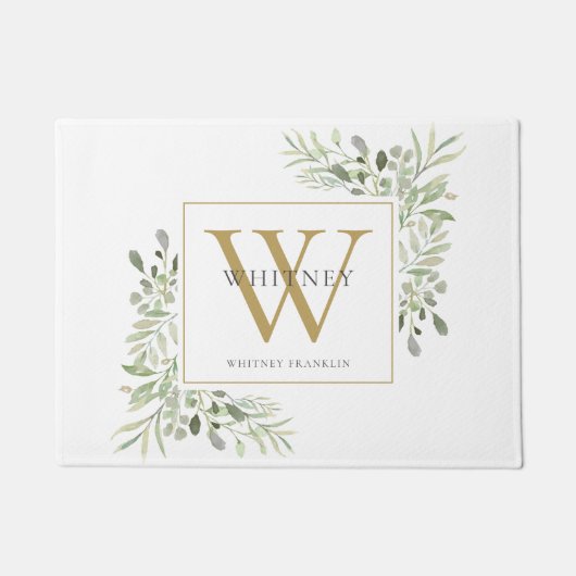 Persoonlijk gouden monogram bloemengroen deurmat (Voorkant)
