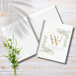 Persoonlijk gouden monogram moderne groenbladeren notitieboek